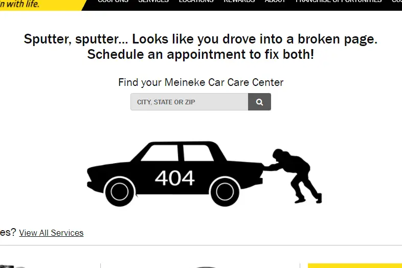 Página de erro 404 do carro quebrado da Meineke