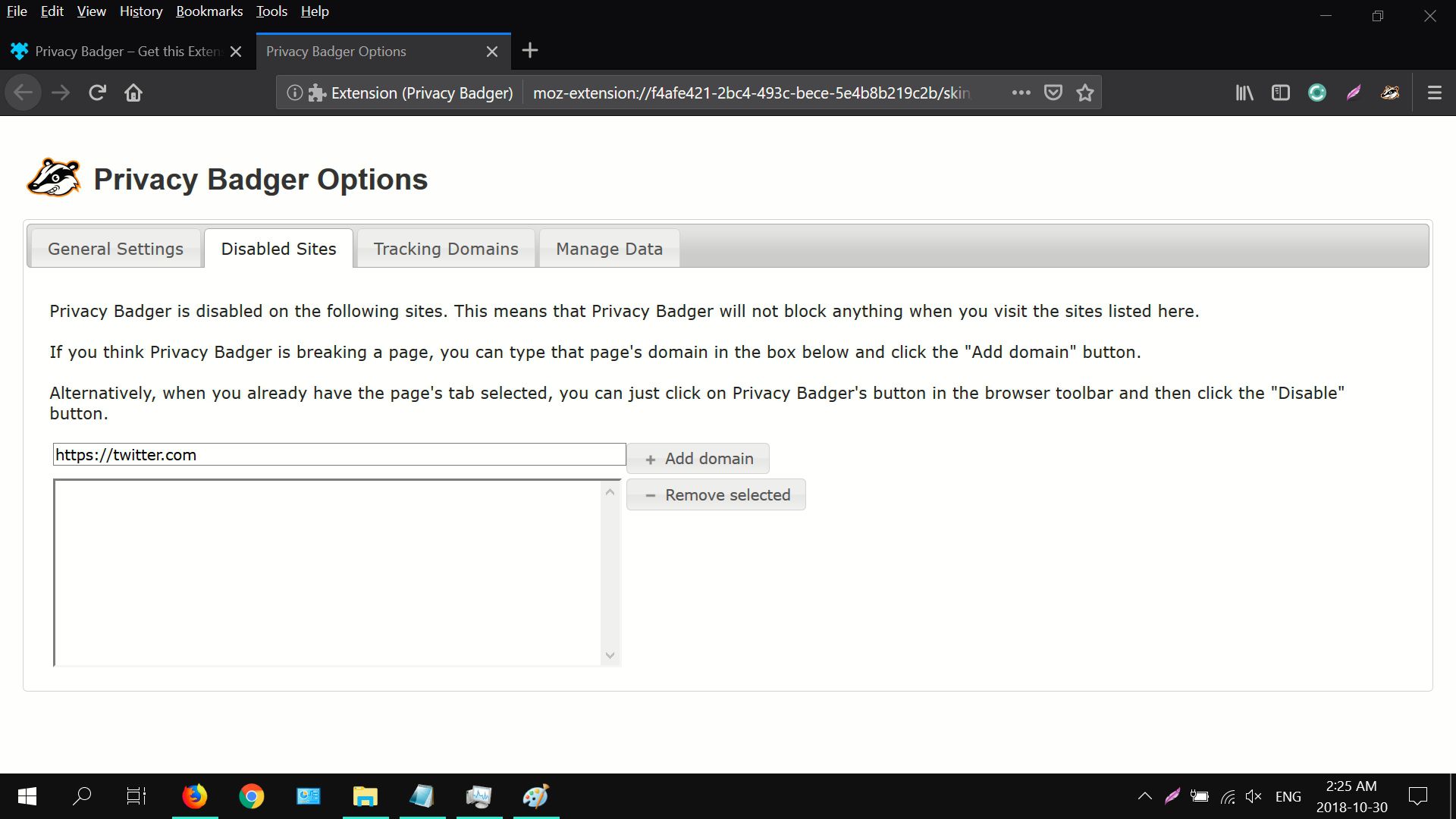 Captura de tela das opções do Privacy Badger