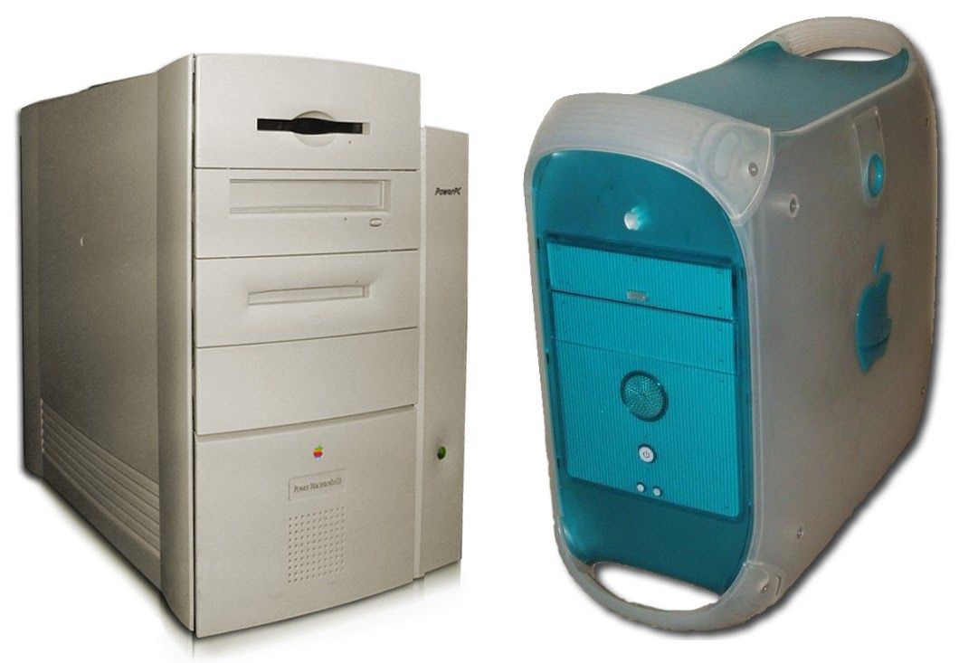 Uma minitorre Apple Power Macintosh G3 e um Apple Power Macintosh G3 (azul e branco).
