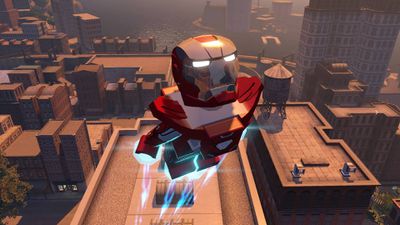 O Homem de Ferro sobrevoa uma cidade em Lego Marvel Avengers no PS4.