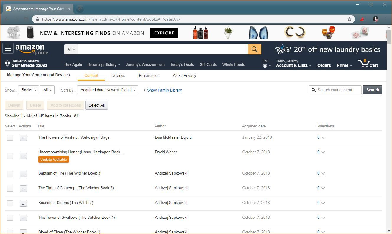 Uma captura de tela da página de gerenciamento de conteúdo da Amazon.