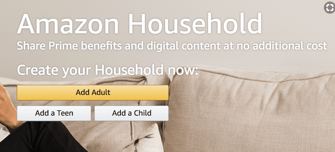 Captura de tela da página de inscrição do Amazon Household, com botões para Adicionar adulto, Adicionar um adolescente ou Adicionar uma criança