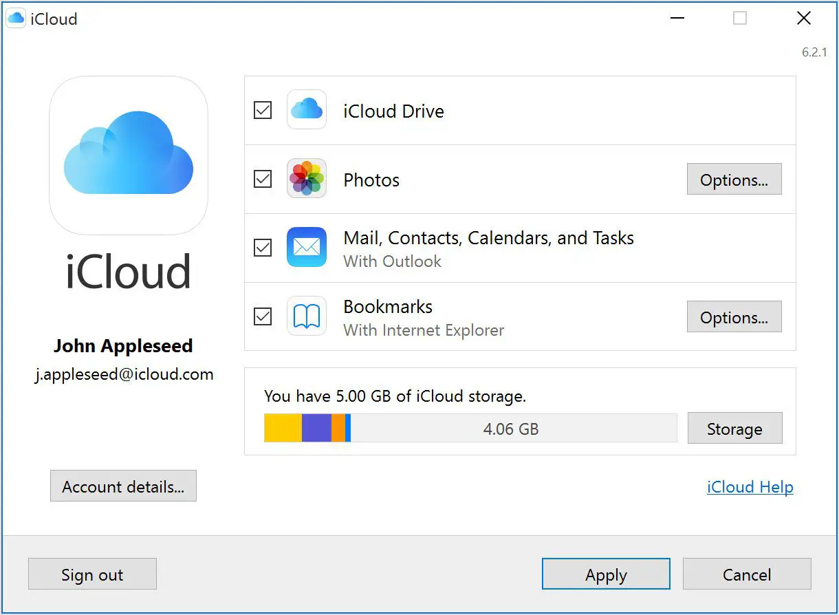 iCloud para Windows 10 mostrando vários recursos de sincronização