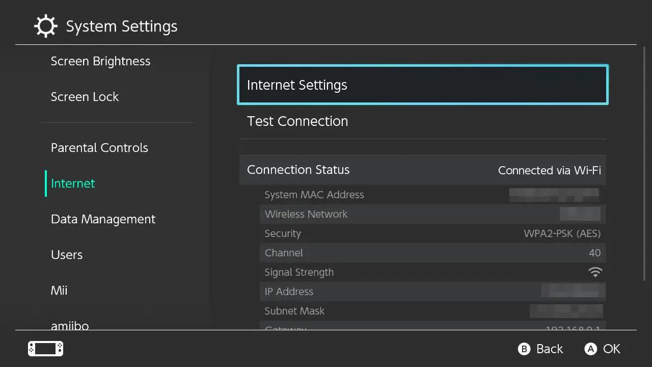 Você pode encontrar suas configurações de Internet na seção Internet das configurações de sistema do switch
