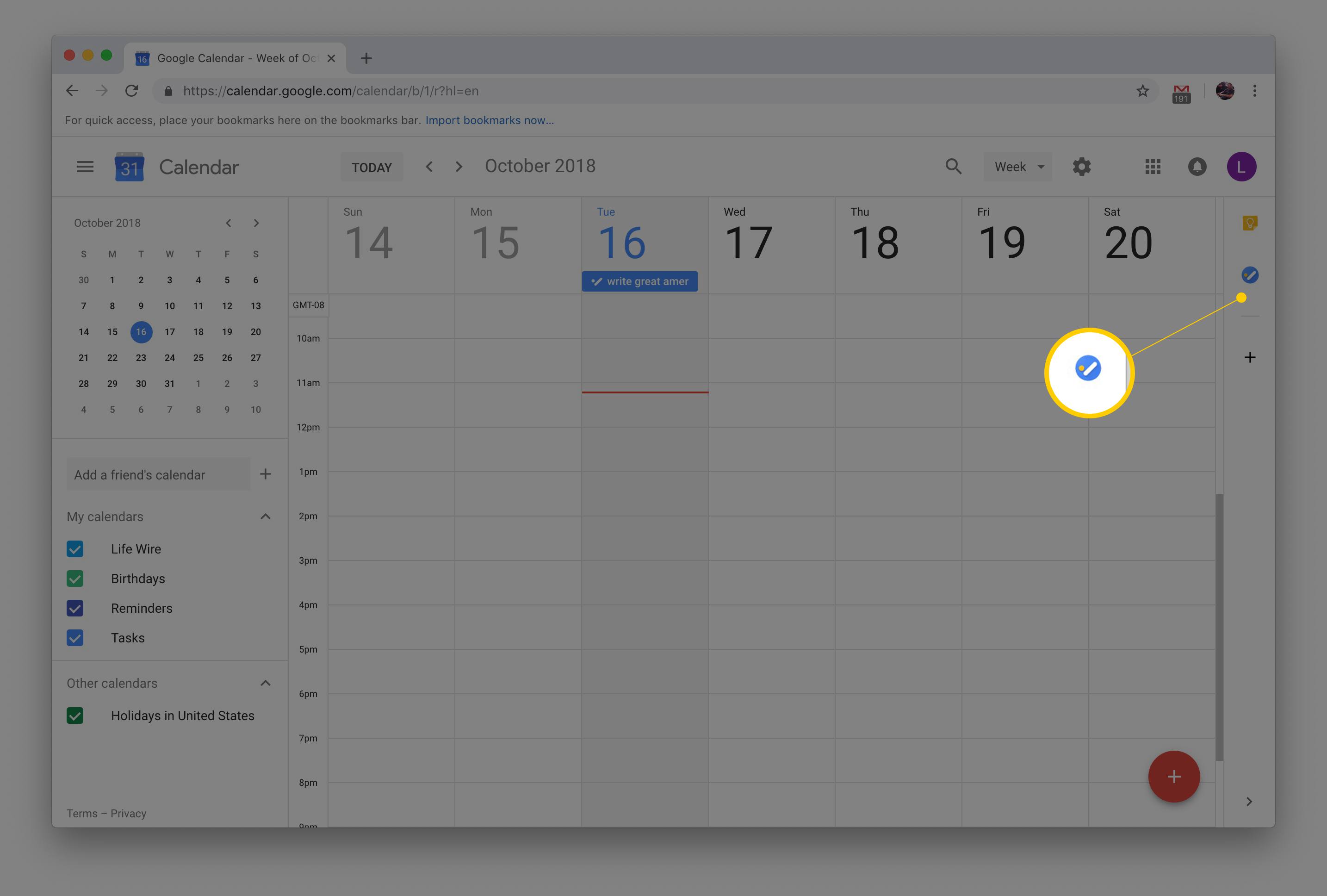 Botão Tarefas no Google Agenda na versão macOS do Chrome