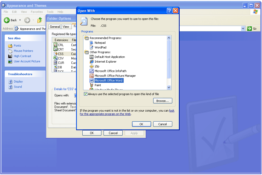 Configurações de associação de arquivo do Windows XP
