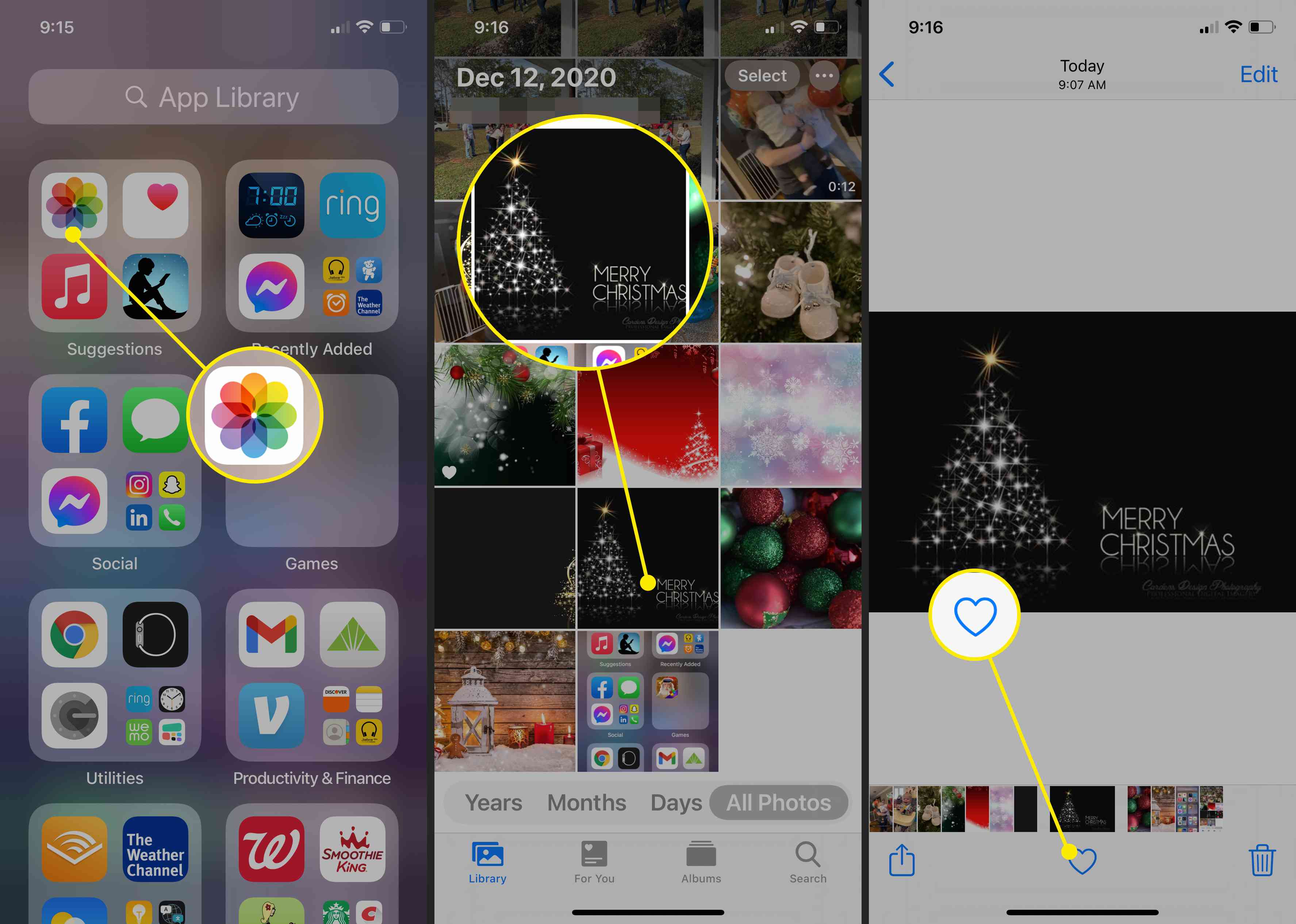 Capturas de tela de adição de fotos aos Favoritos no iPhone para compartilhar com o Apple Watch. 