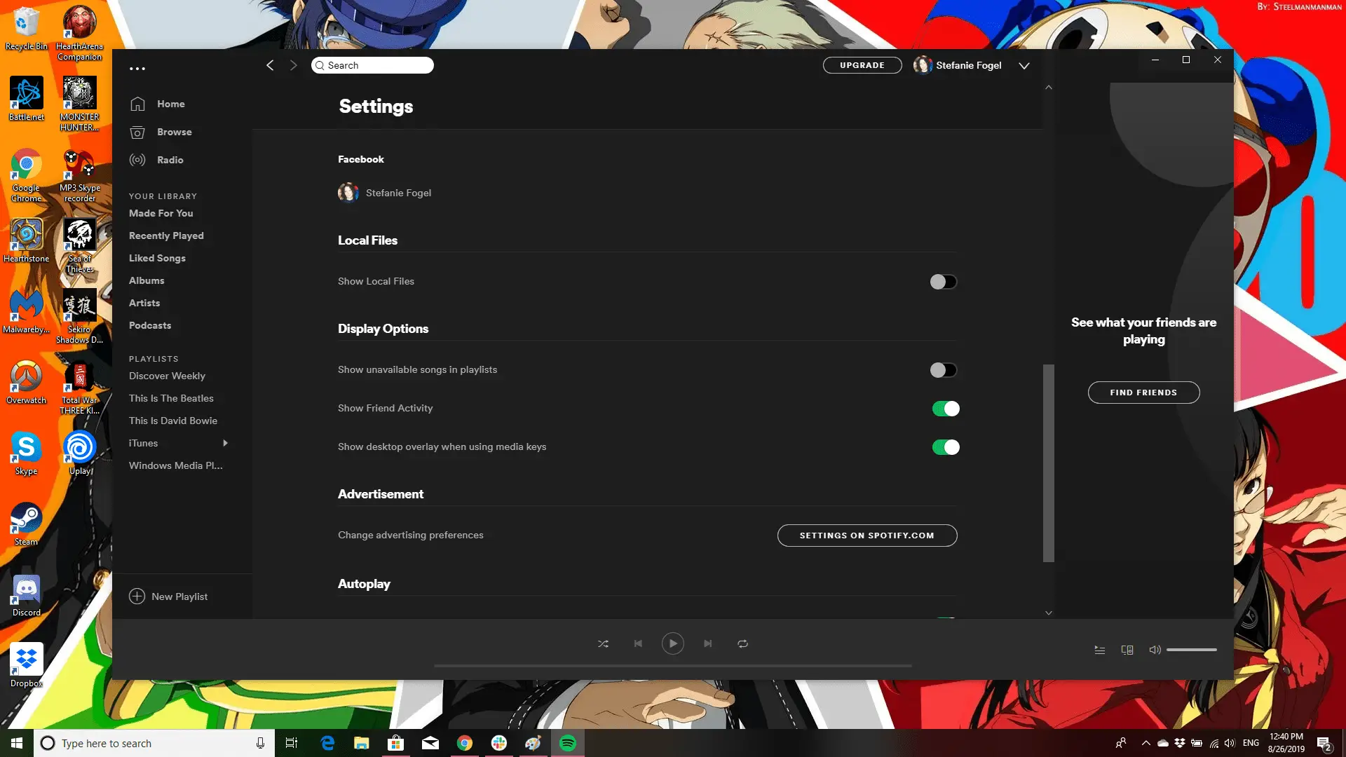 Captura de tela das configurações sociais do Spotify
