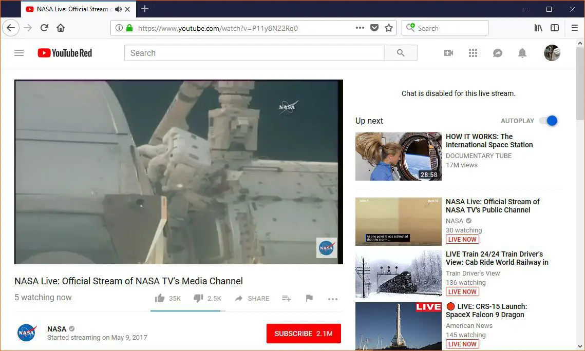 transmissão ao vivo da NASA no YouTube