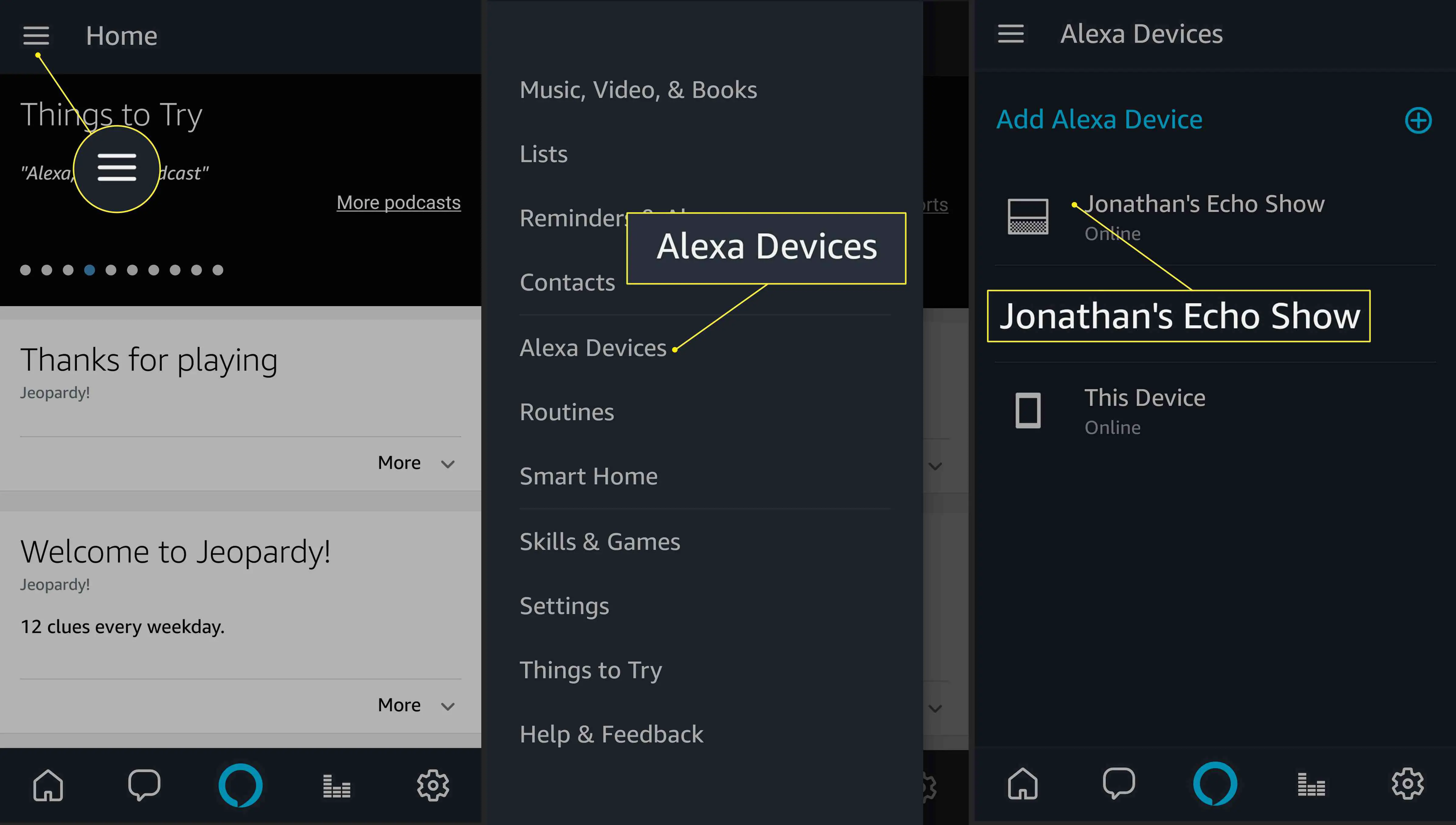 Selecionando um dispositivo Alexa no aplicativo Amazon Alexa