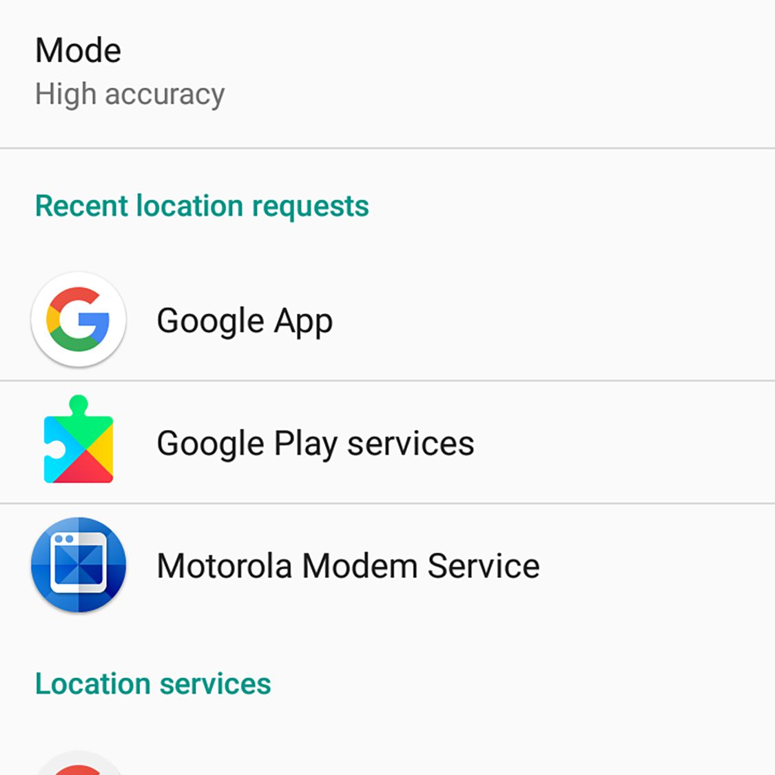 Captura de tela dos serviços de localização no Android