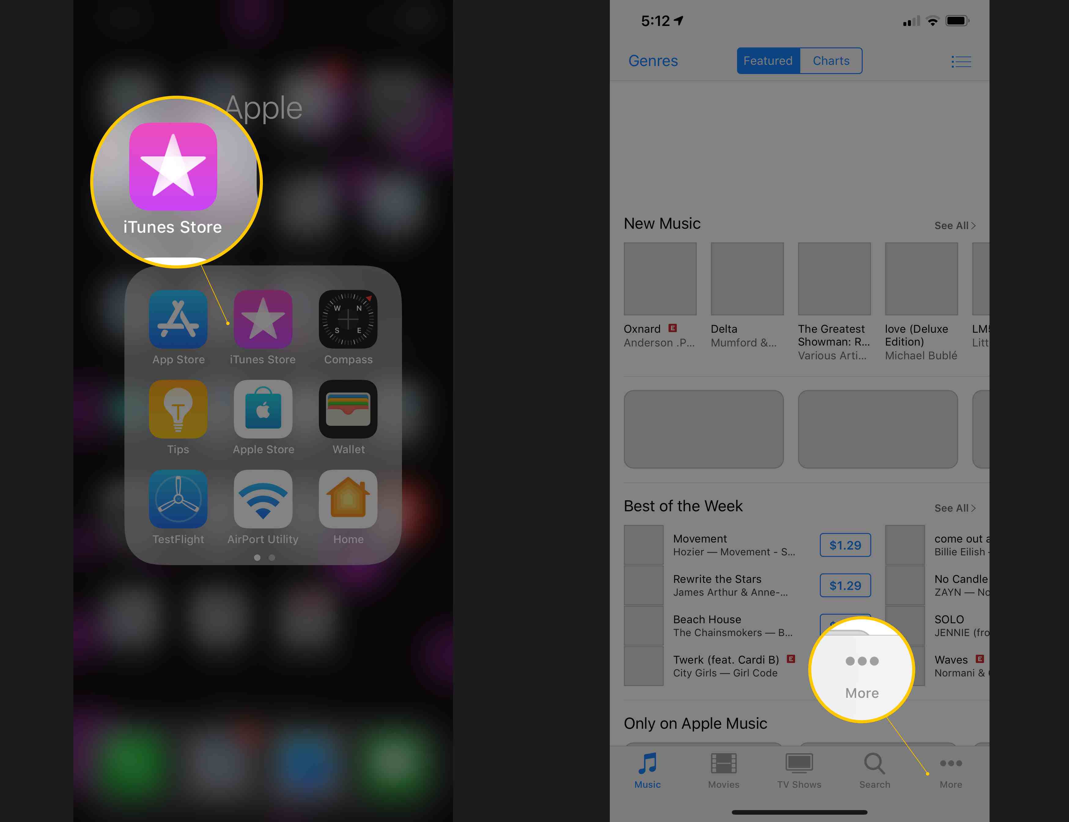 Duas capturas de tela do iOS mostrando o ícone da iTunes Store e o botão Mais