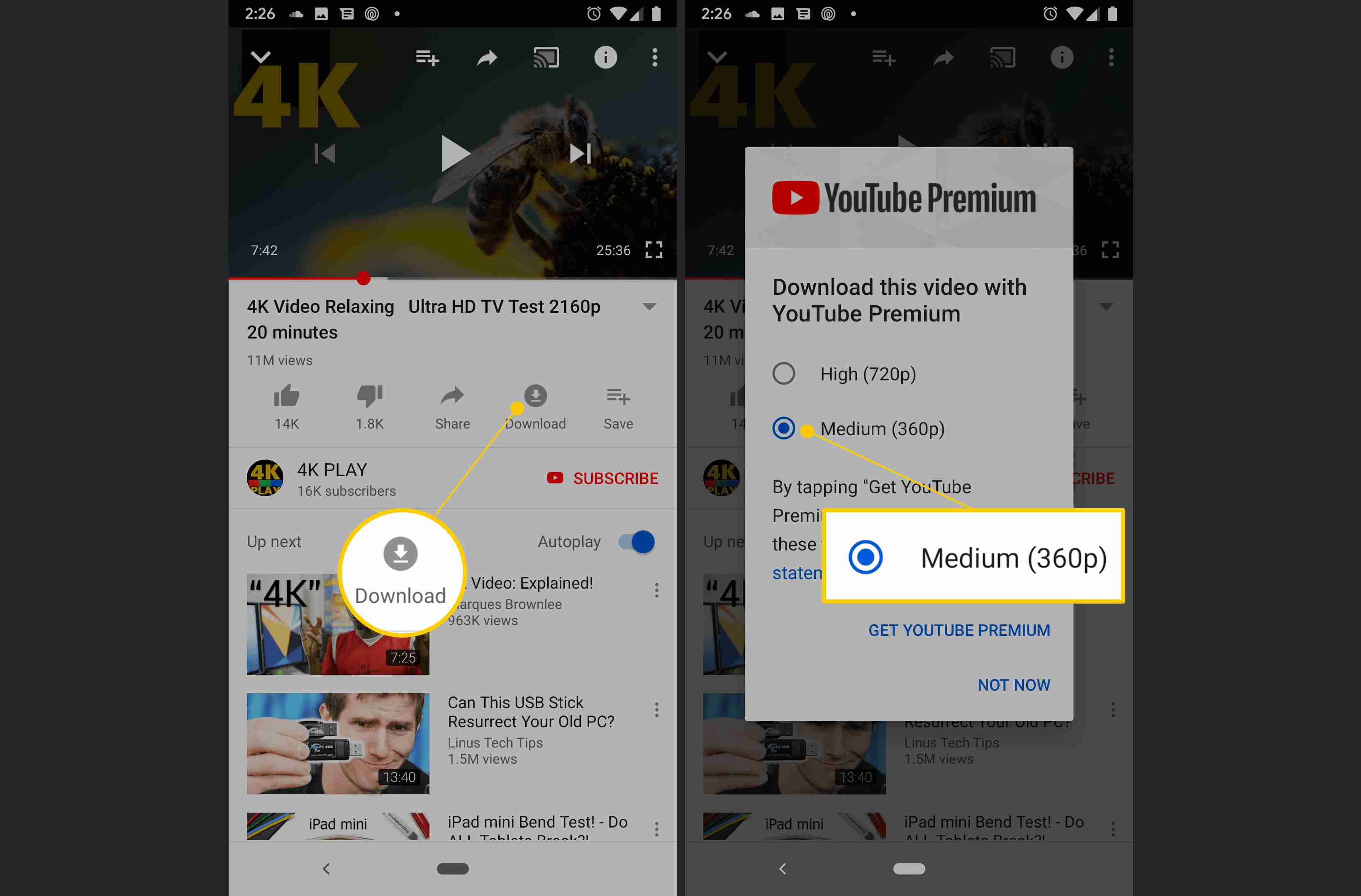 Botões de download e médio (360p) no aplicativo do YouTube para Android