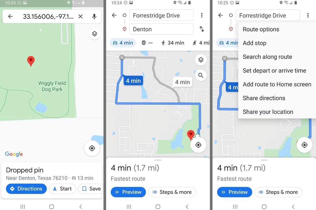 Alfinetes caídos, rotas e opções de compartilhamento de rotas no Google Maps no telefone Android