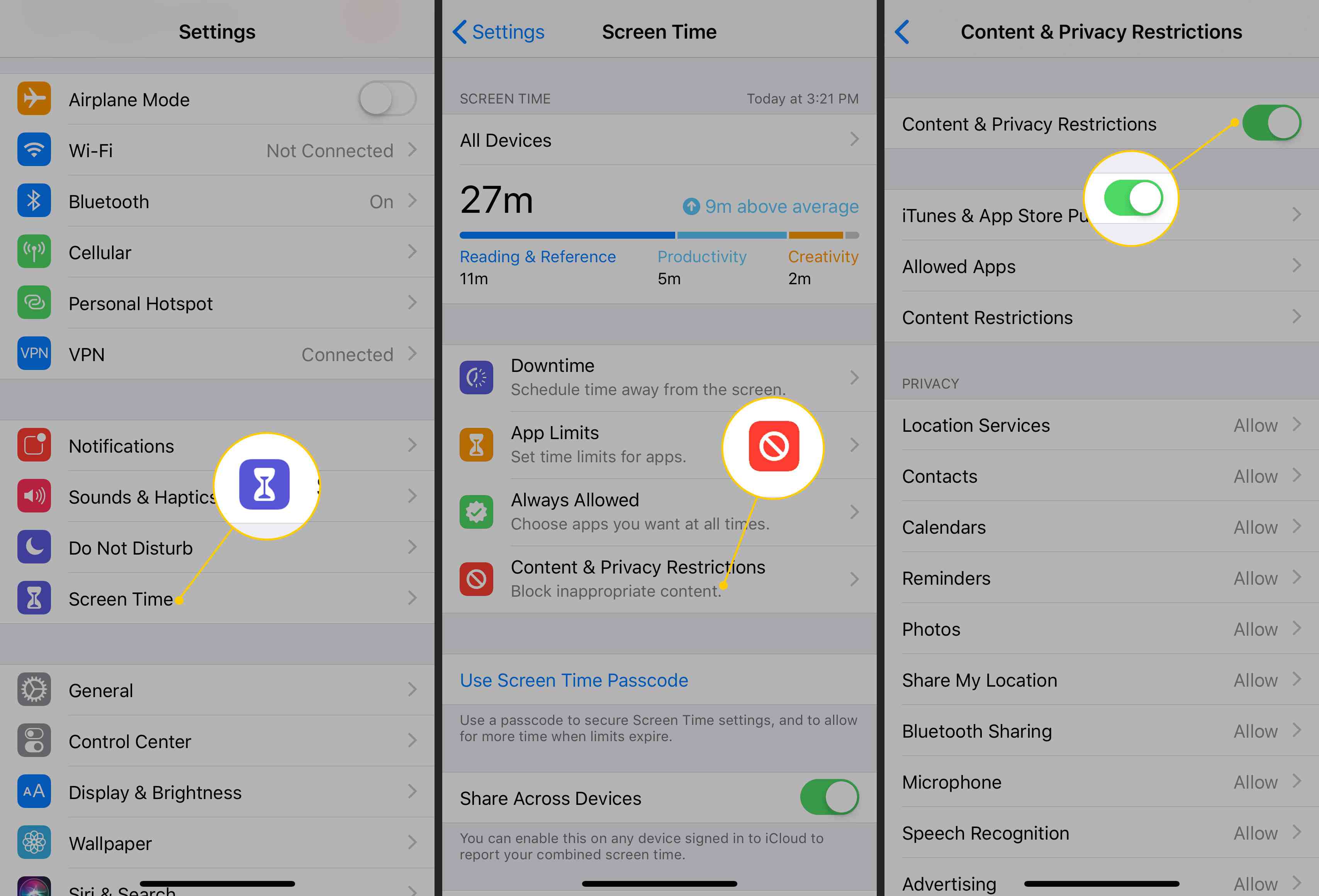 Ativando Conteúdo e Restrições de Privacidade em um iPhone