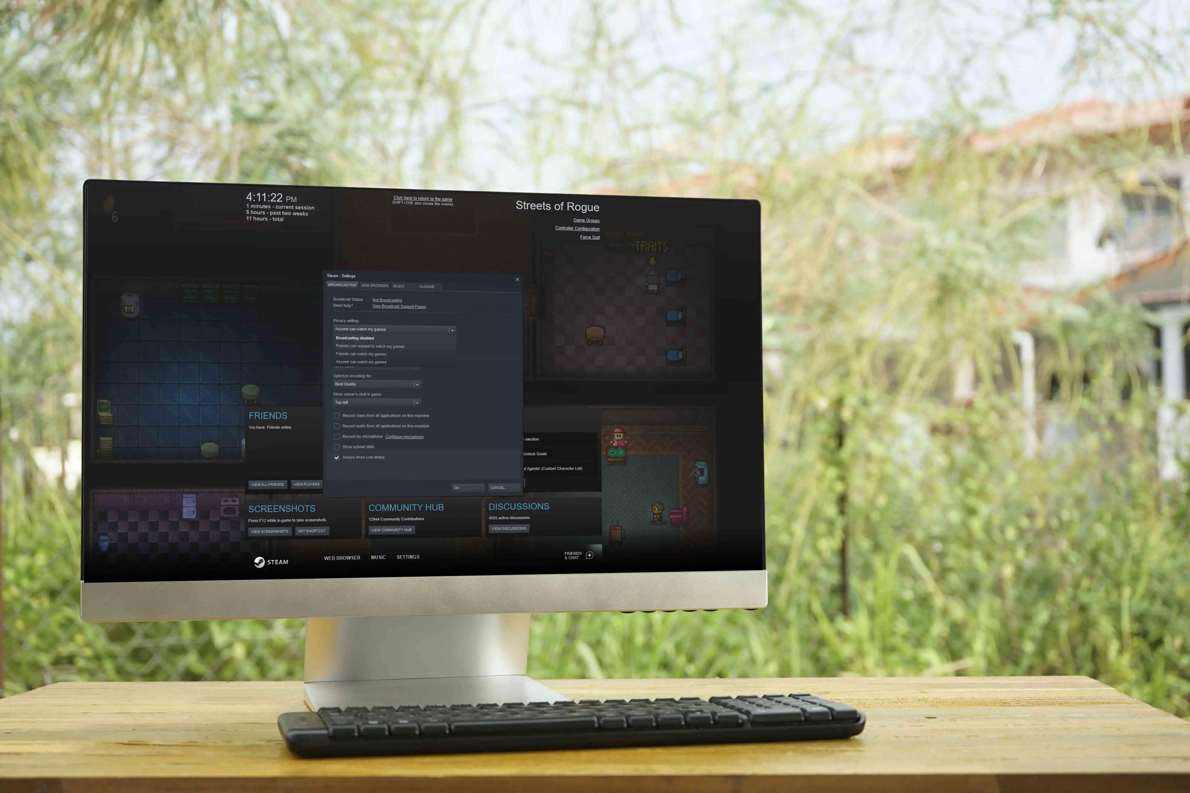 A sobreposição do Steam mostrando o Steam Broadcast não funcionando em um monitor de computador.