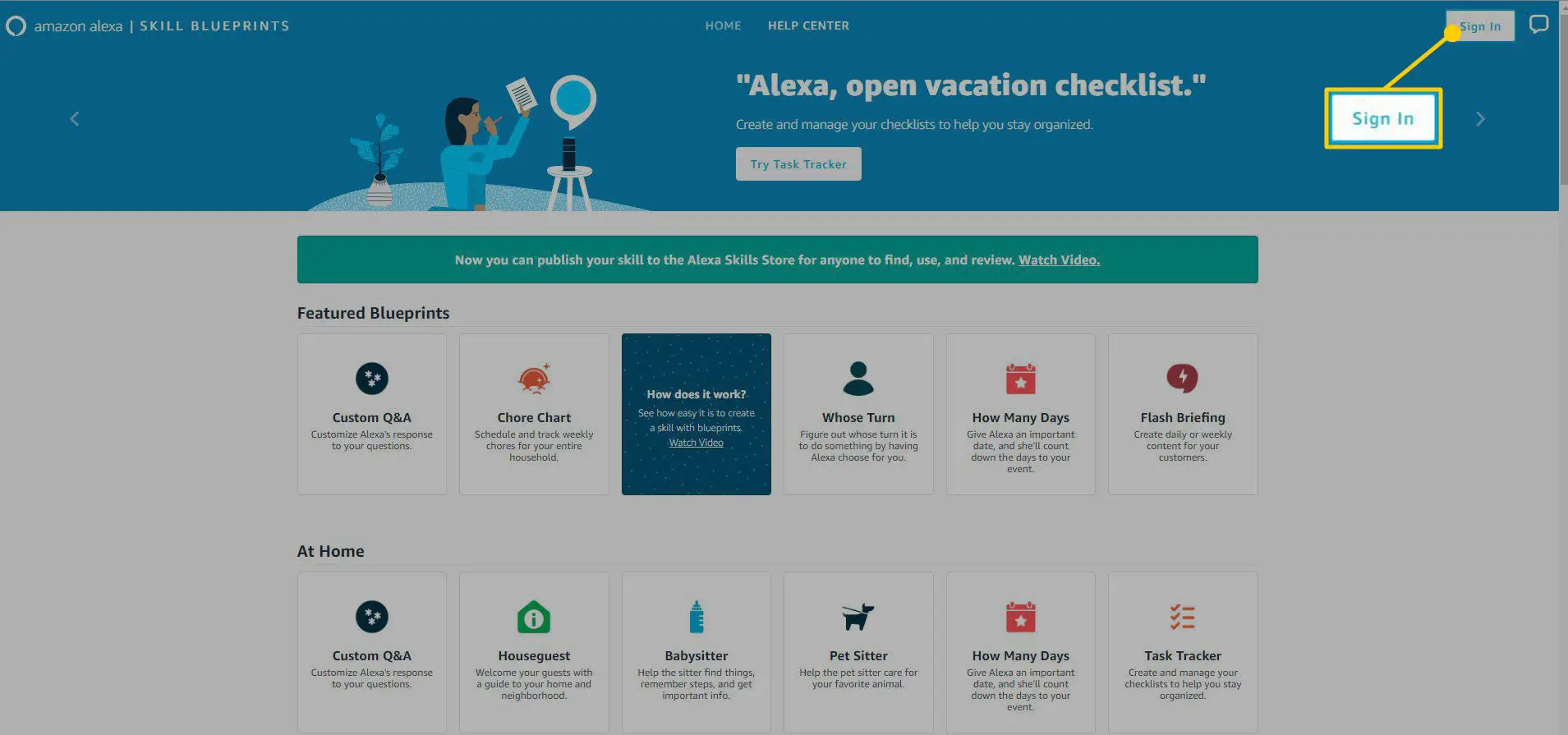 Captura de tela da página inicial do Amazon Alexa Skill Blueprints