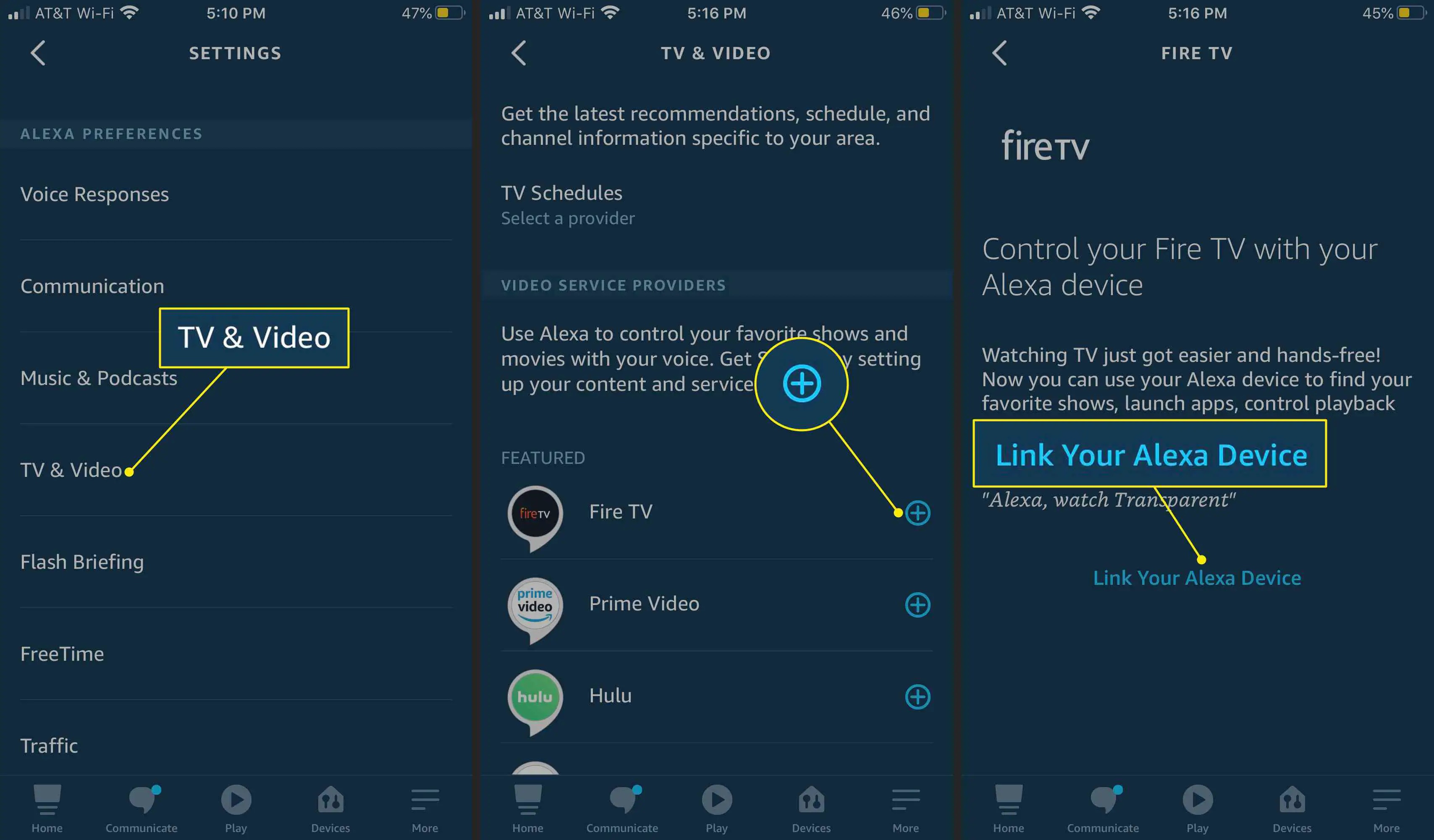 TV e vídeo, Fire TV e "Link Your Alexa Device" no aplicativo