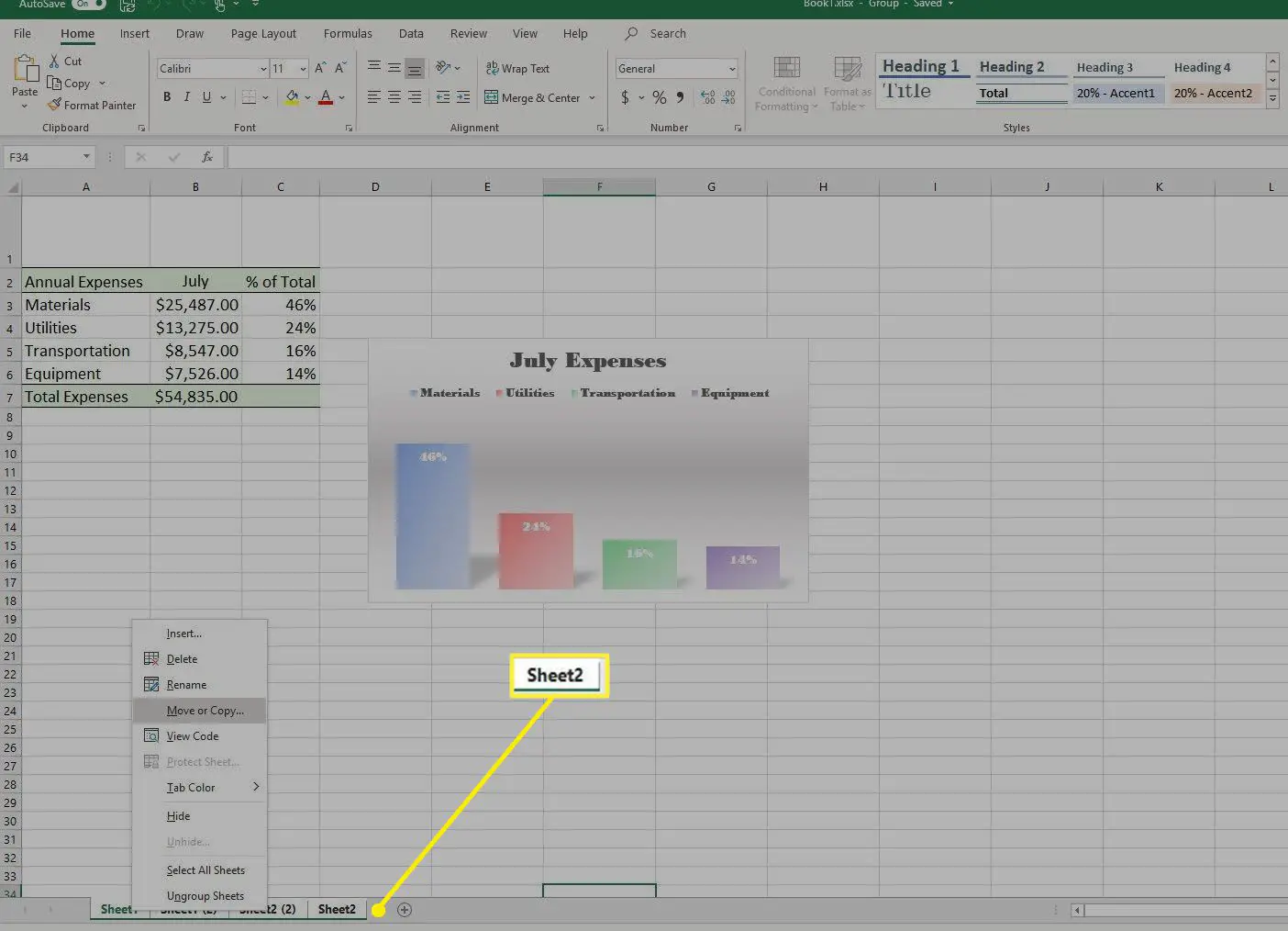 Uma guia em uma planilha do Excel.