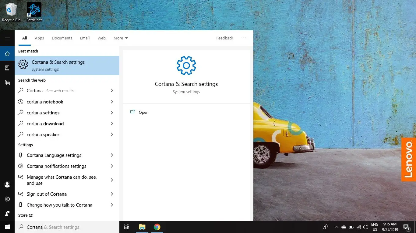 Digite Cortana na caixa de pesquisa do Windows e selecione Cortana e Configurações de Pesquisa.