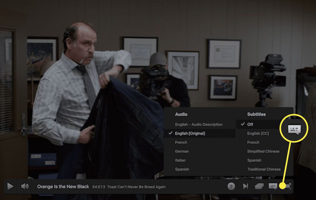 Uma captura de tela da Netflix com o menu de legendas em destaque
