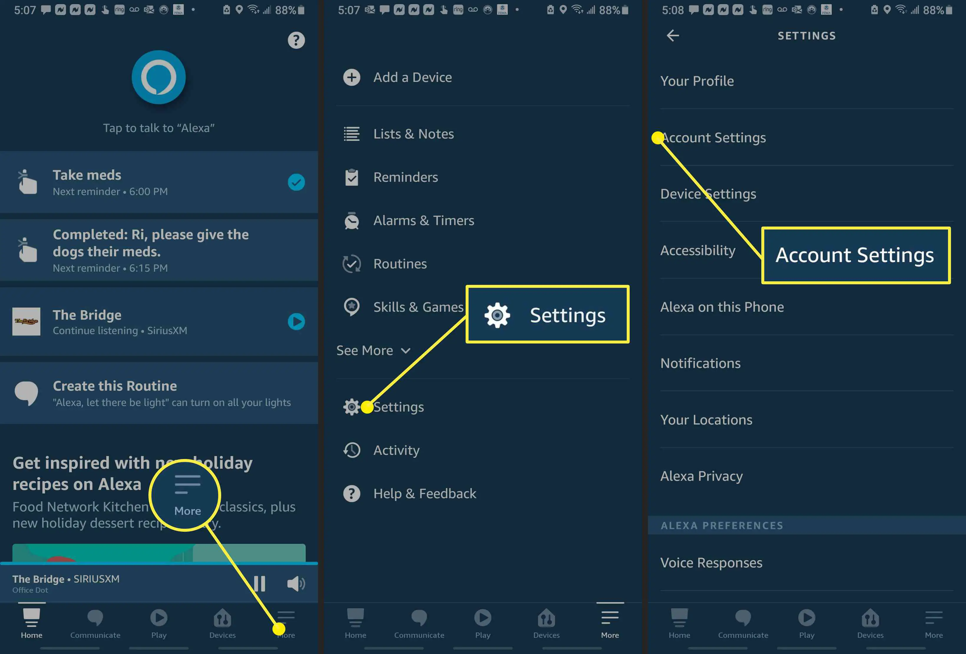 Capturas de tela do aplicativo Alexa, mostrando como acessar as configurações da conta.