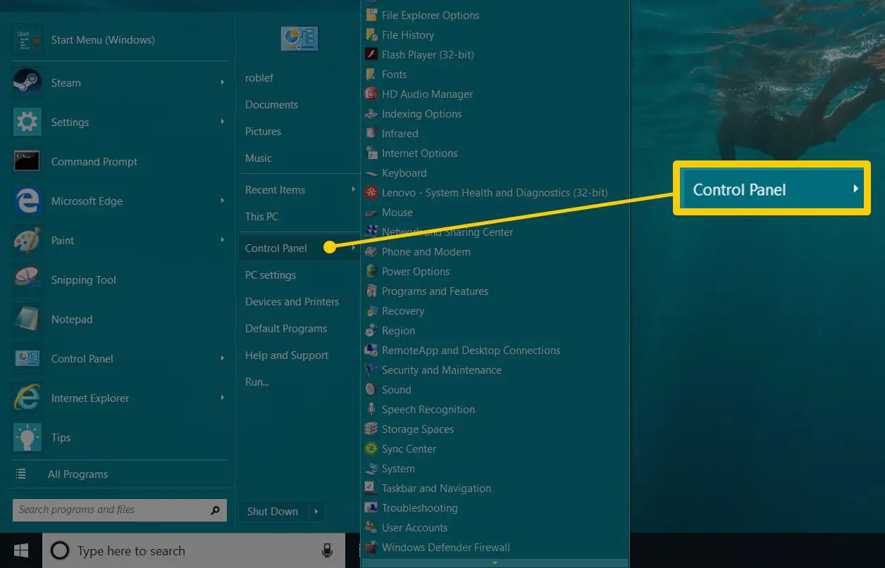 Captura de tela do botão do Painel de Controle no menu Iniciar do Windows 10