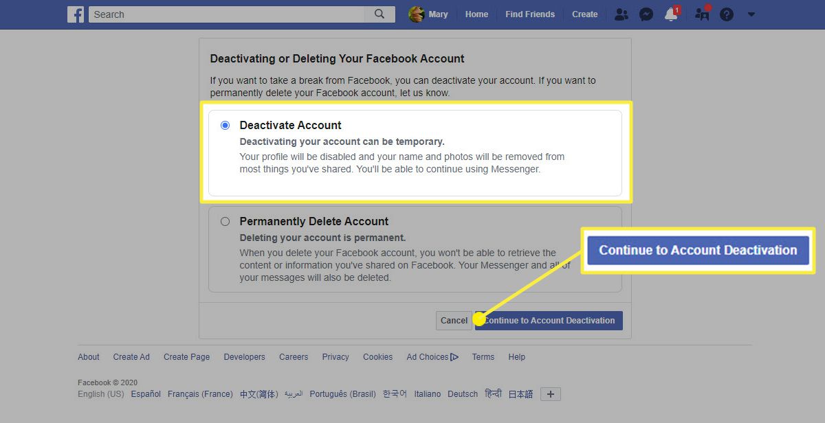A opção Desativar conta no Facebook em um navegador da web.