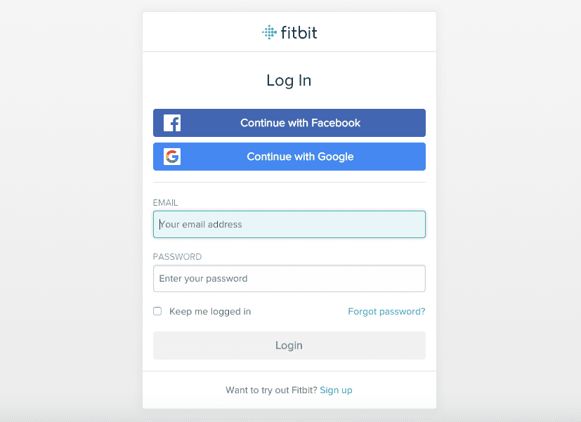 Página de login do site Fitbit
