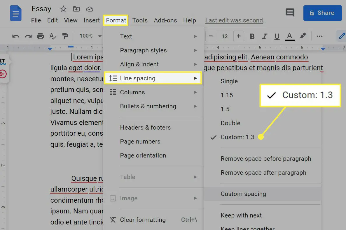 Use espaçamento de linha personalizado no menu Formatar em Espaçamento de linha no Google Docs.