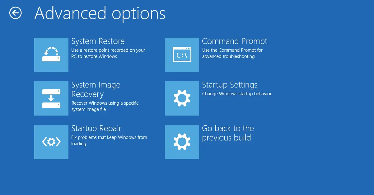 Menu de opções avançadas no Windows 10