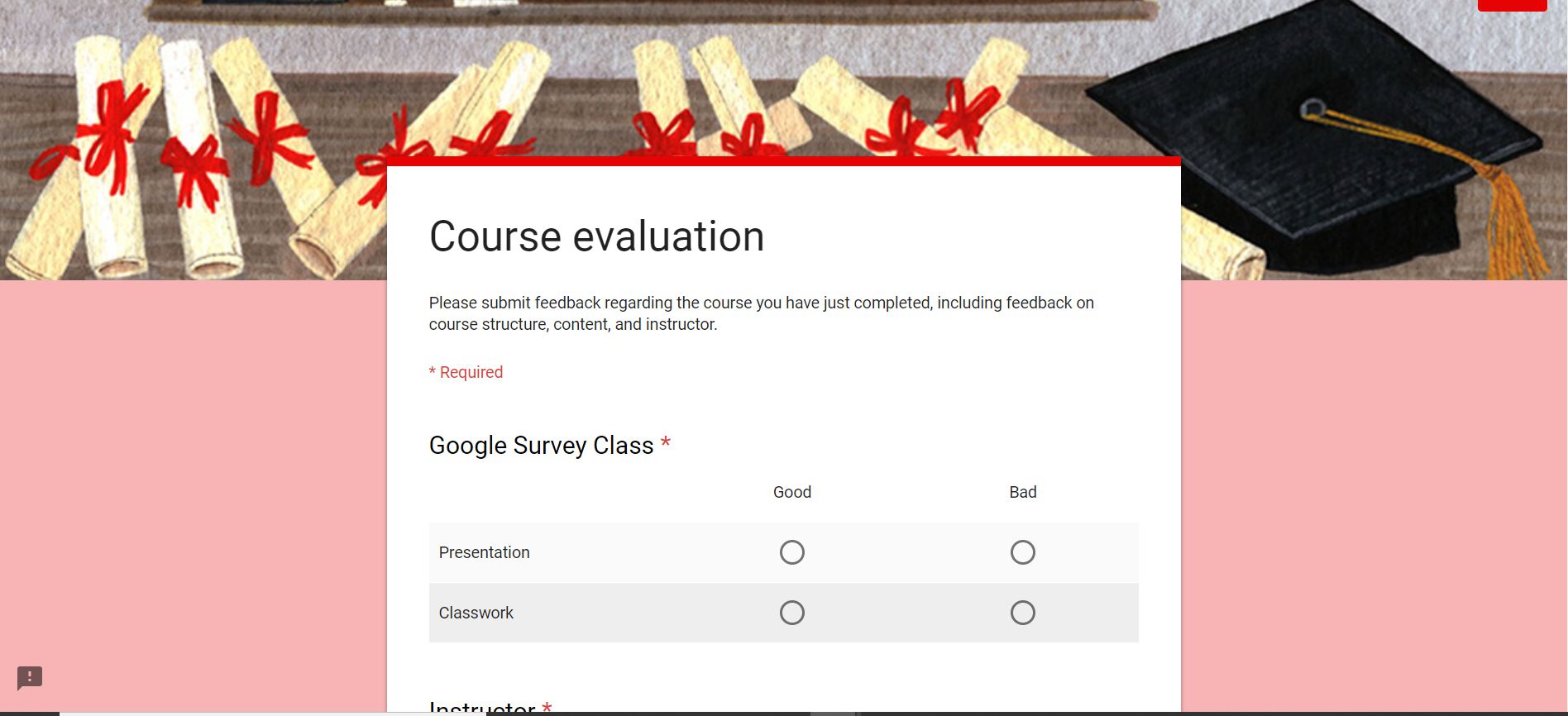 Modelo de pesquisa de avaliação do curso do Formulários Google