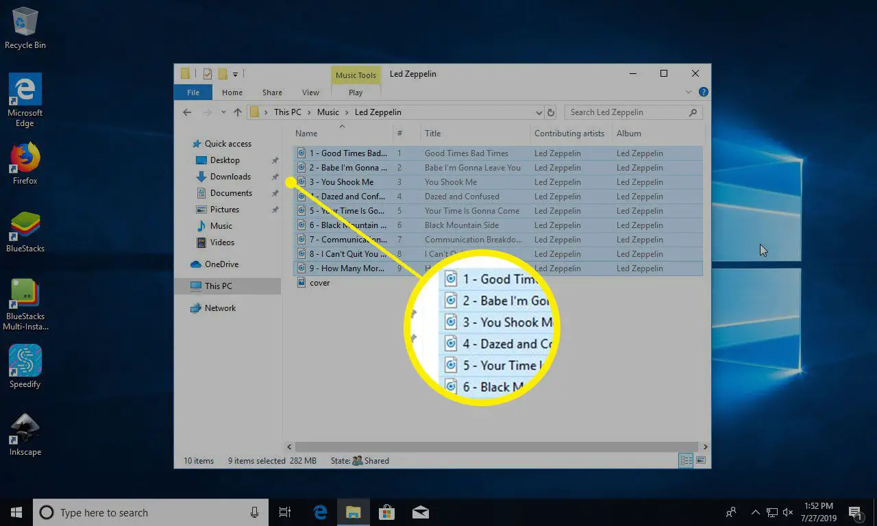 Arquivos de música do Windows 10 selecionados