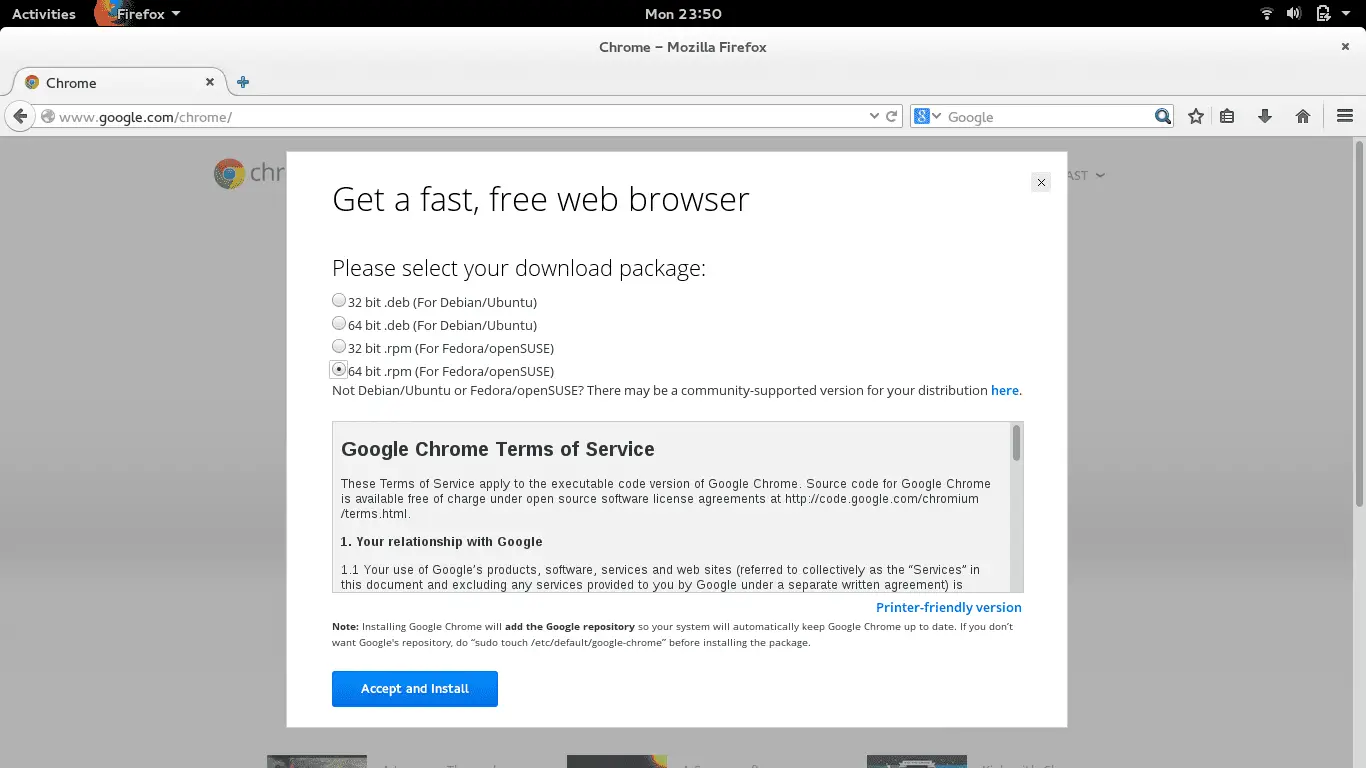 Captura de tela de instalação do Google Chrome para Fedora