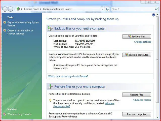 Centro de backup e restauração do Windows Vista