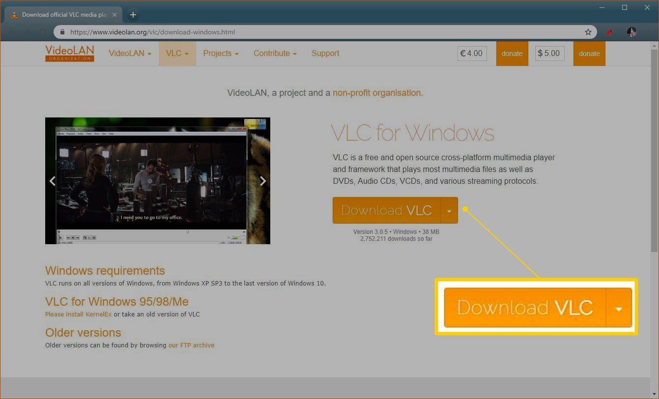 Baixe o botão VLC na página da web VideoLAN