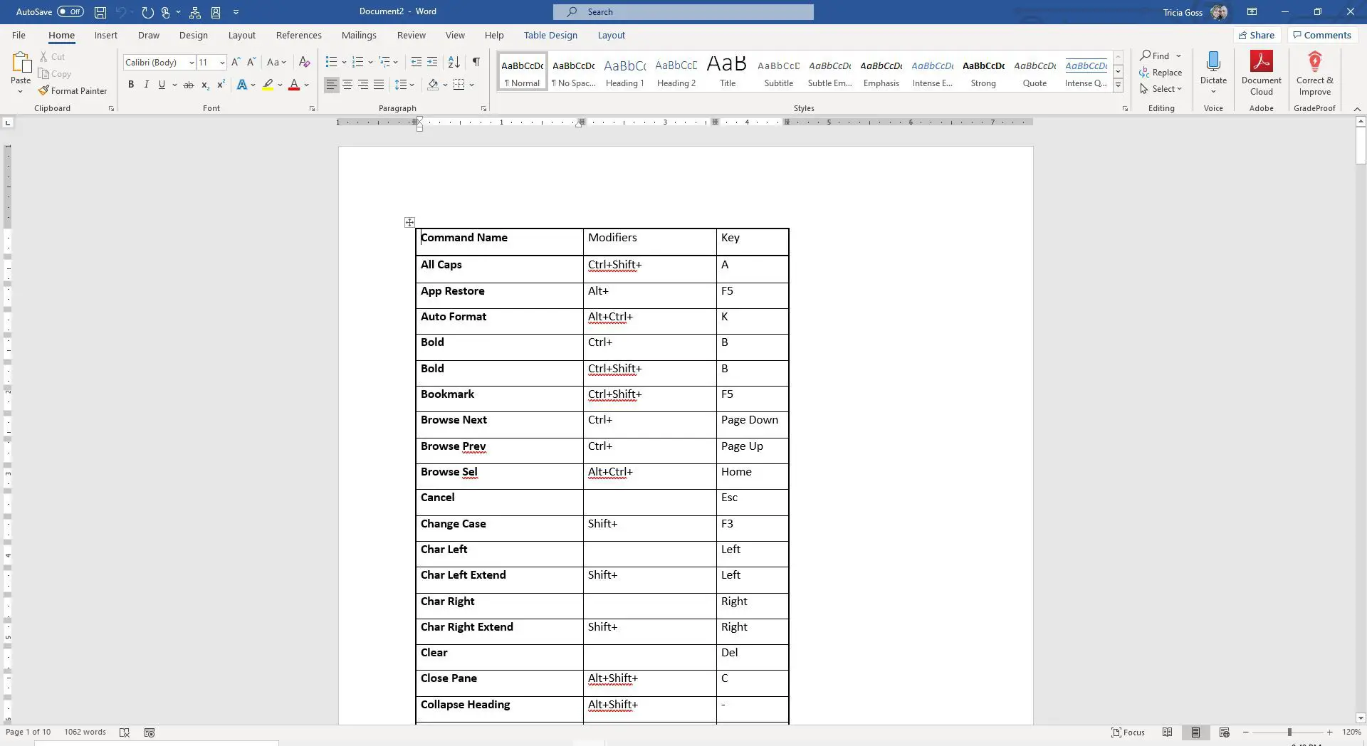 Captura de tela da lista de comandos no Word