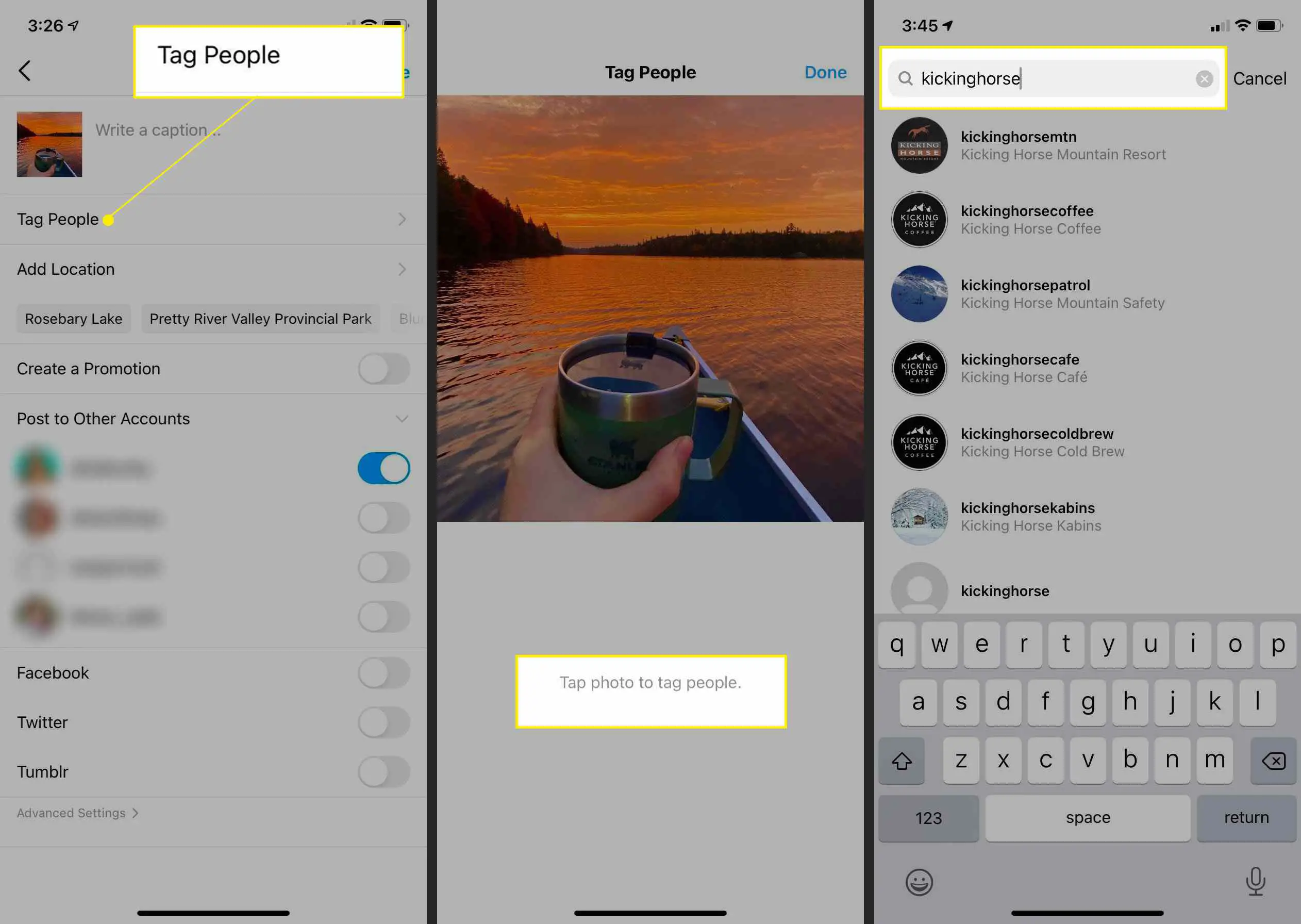 Páginas de pós-criação do aplicativo Instagram com "Marcar pessoas", "Toque na foto para marcar pessoas" e o campo de pesquisa destacado
