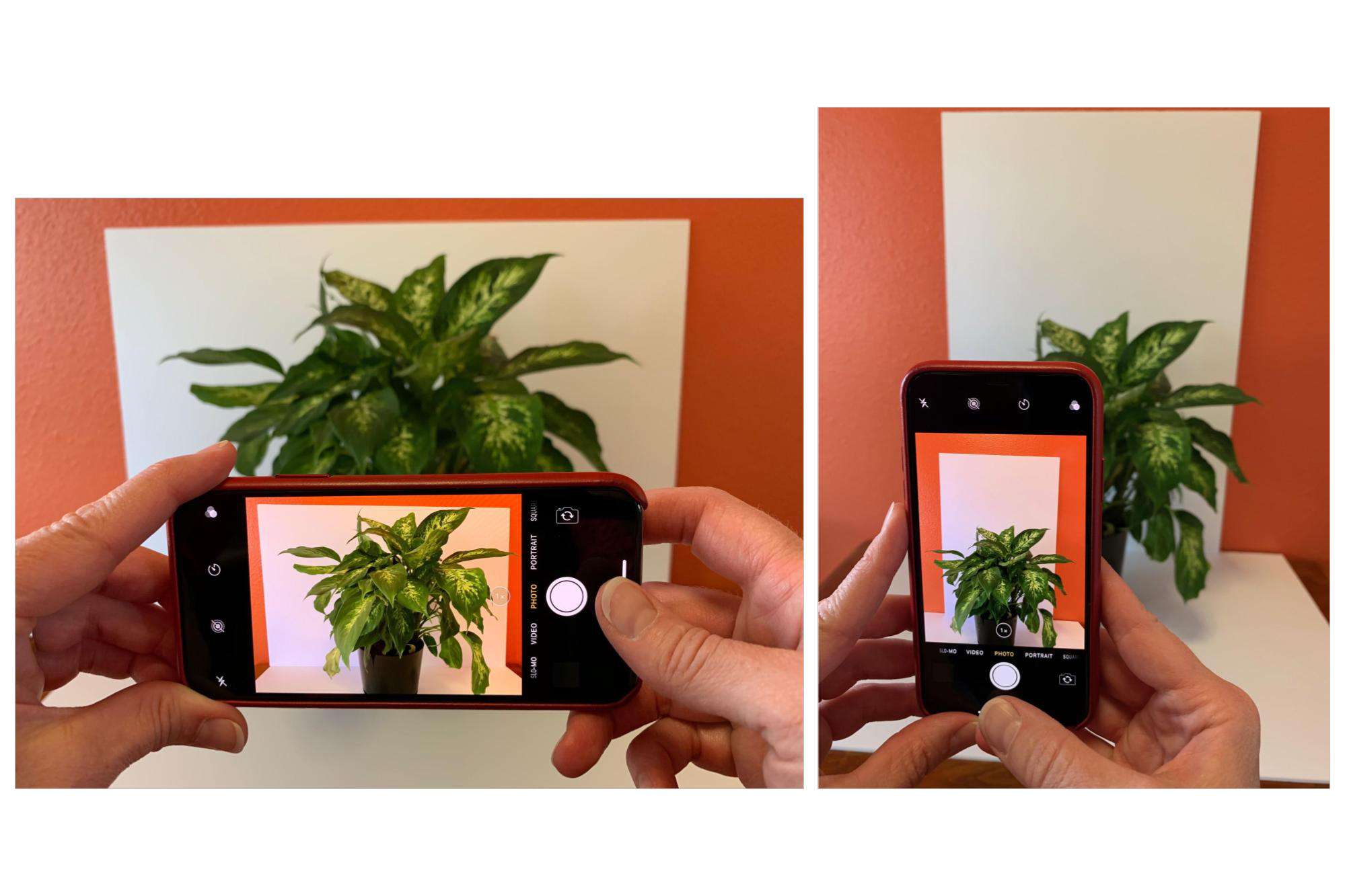 A imagem à esquerda mostra o iPhone na orientação paisagem;  a imagem certa mostra o iPhone na orientação retrato