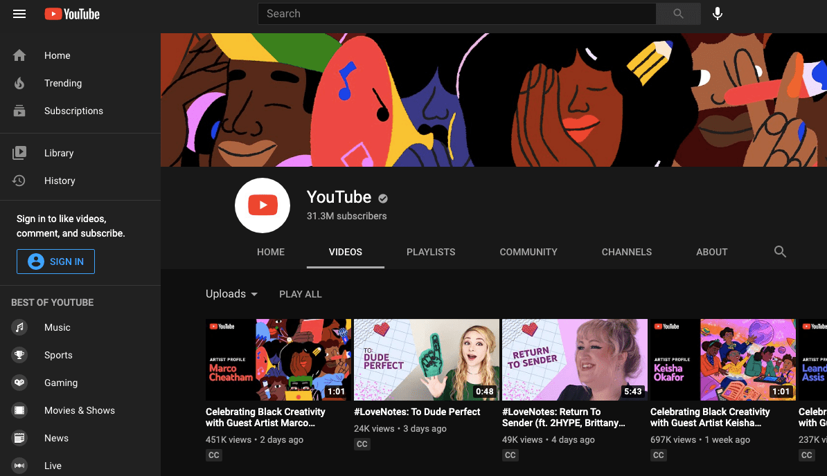 O próprio canal do YouTube em YouTube.com com um banner 'Celebrando a Criatividade Negra'