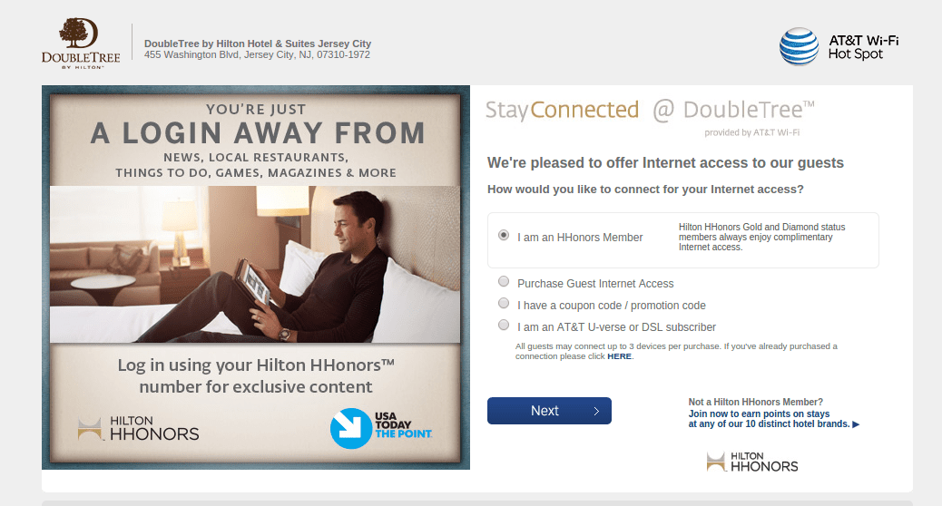 O portal de internet do hotel DoubleTree para hóspedes