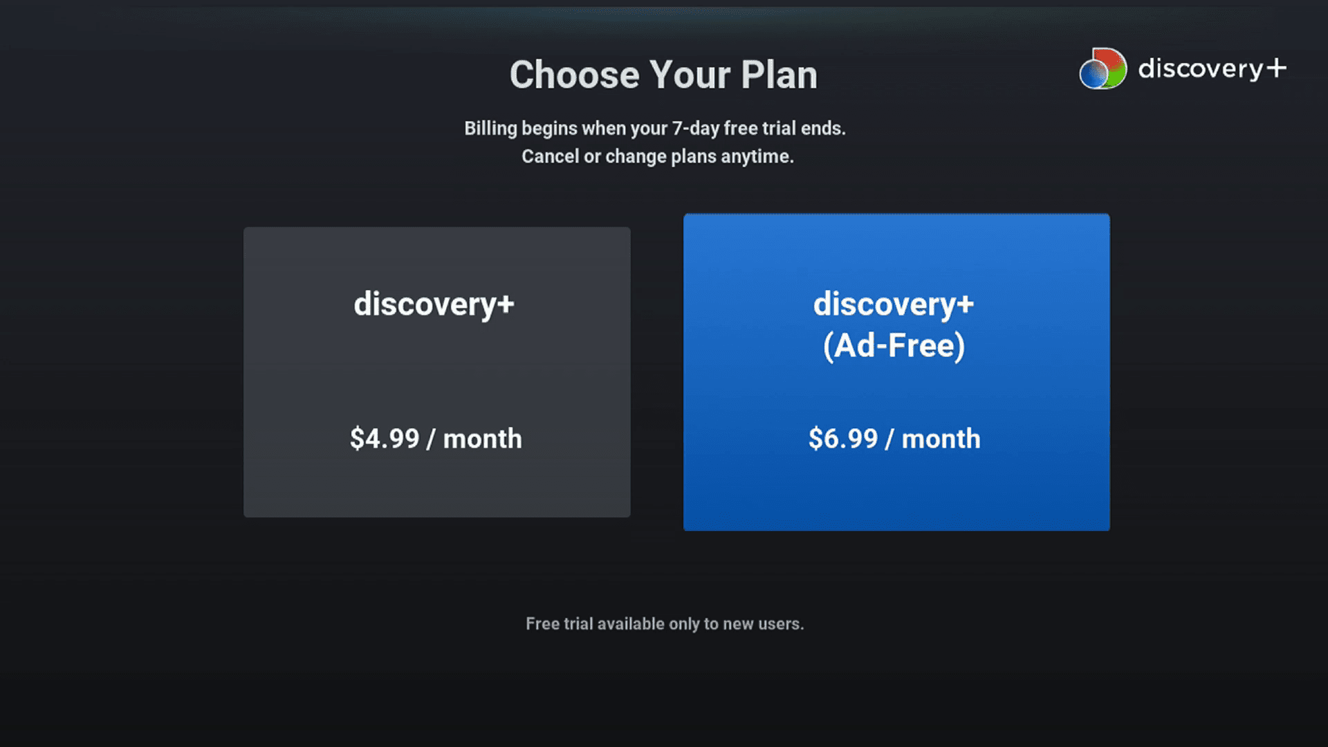 Discovery + opções de plano em Roku.