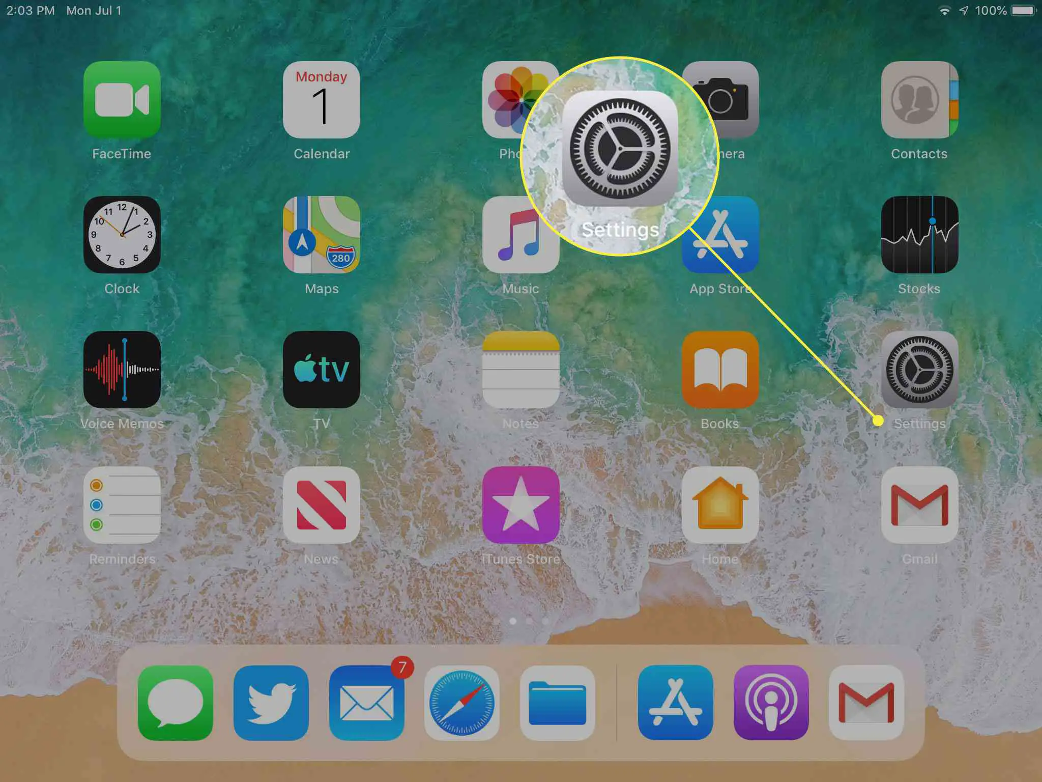 Uma tela inicial de iPad com o ícone Configurações destacado