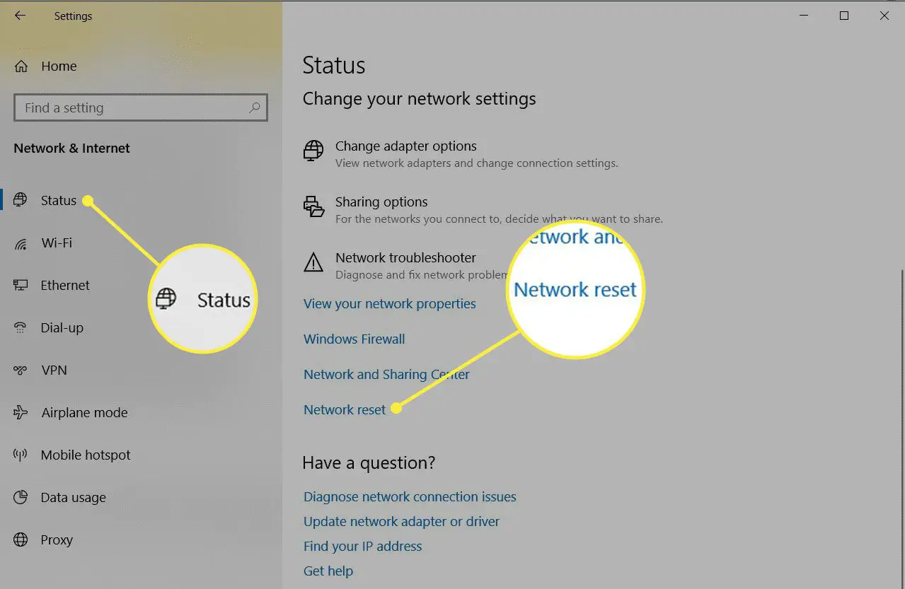 Link de redefinição de rede na janela Status da rede