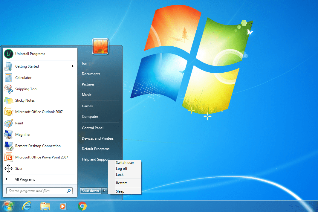 Botão de reinicialização do Windows 7