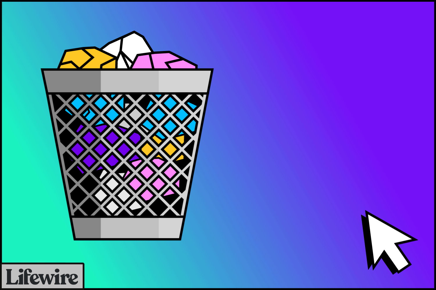Ilustração animada de um cursor retirando arquivos de uma lata de lixo