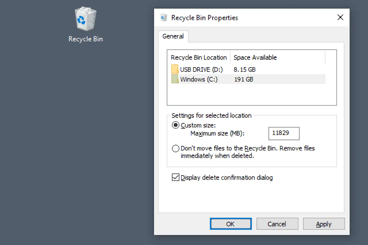 Captura de tela mostrando a opção de exibir mensagens de confirmação de exclusão para a lixeira do Windows 10