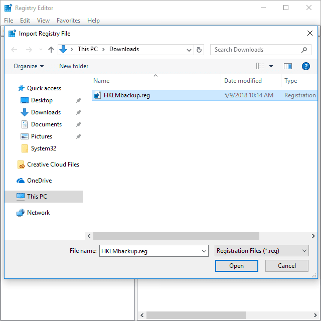 Captura de tela mostrando como abrir um arquivo REG a partir do Editor do Registro no Windows 10