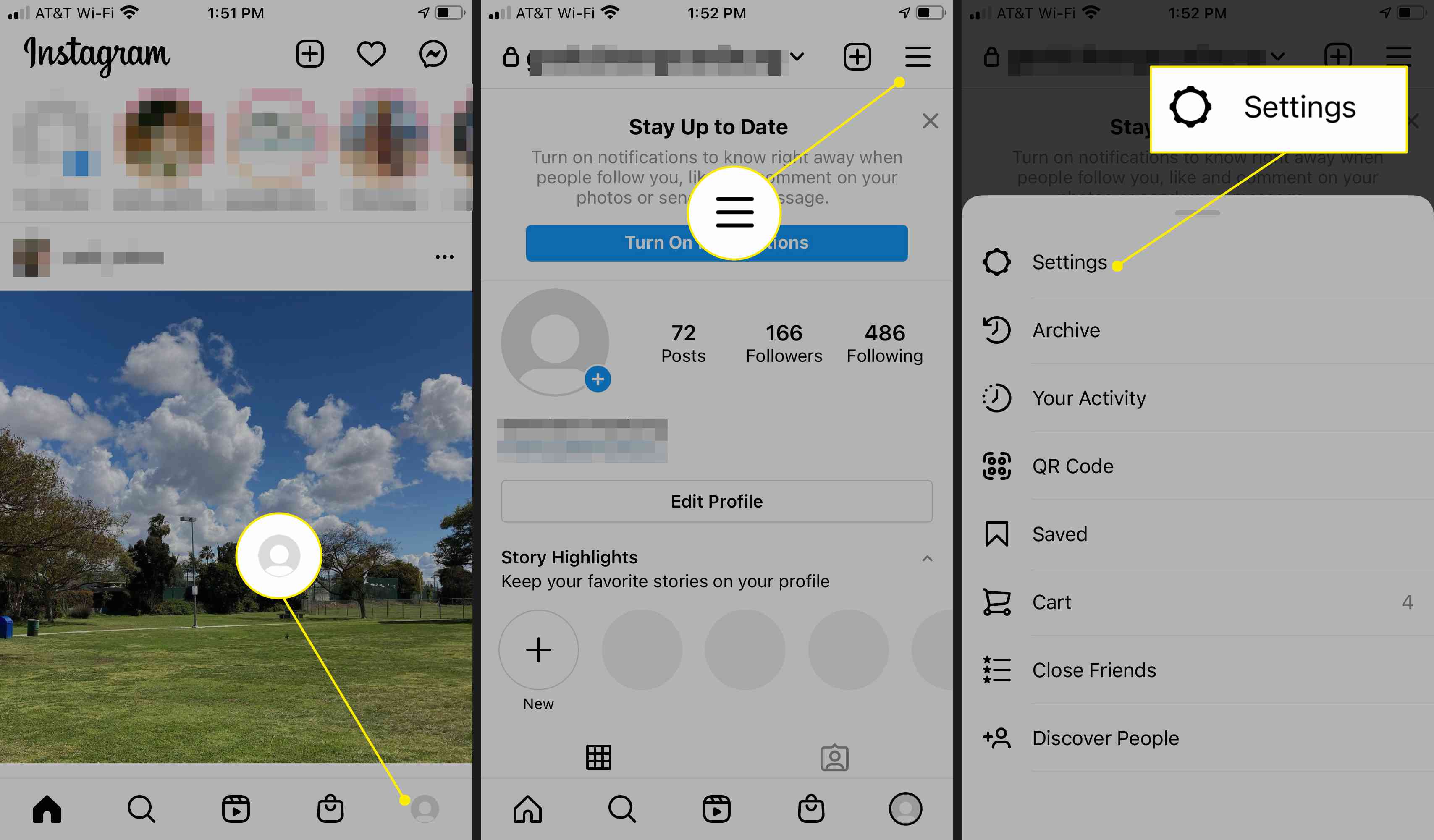 Ícone de perfil, menu e configurações do aplicativo Instagram destacados