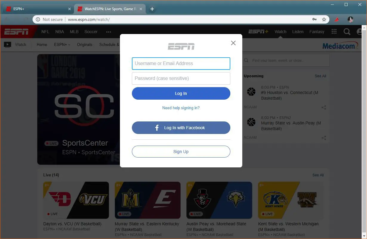 Uma captura de tela da tela de login do ESPN +.
